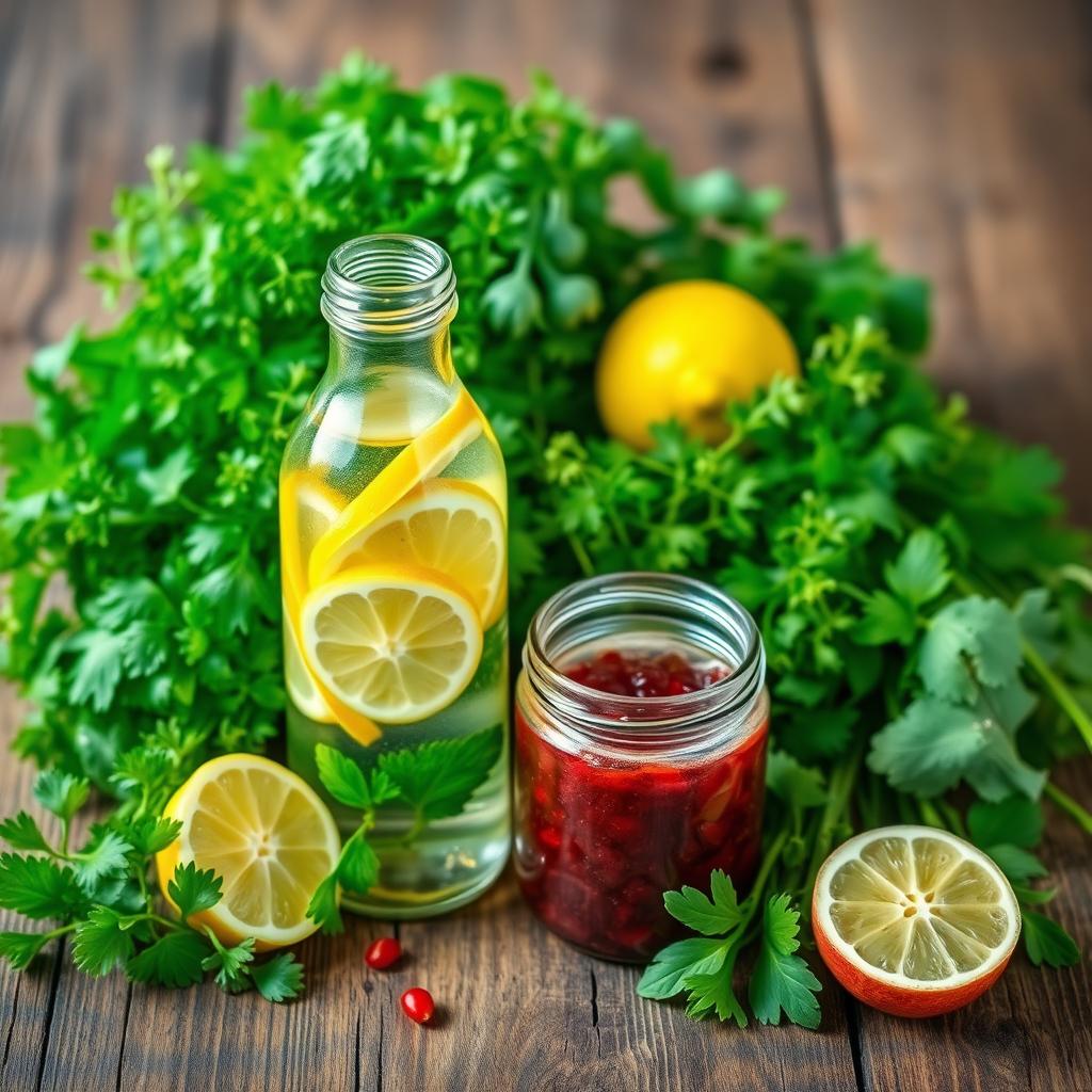 A vibrant arrangement of fresh green herbs, a bottle of lemon water with slices of lemon inside, and a jar of pomegranate paste, artistically displayed on a rustic wooden table