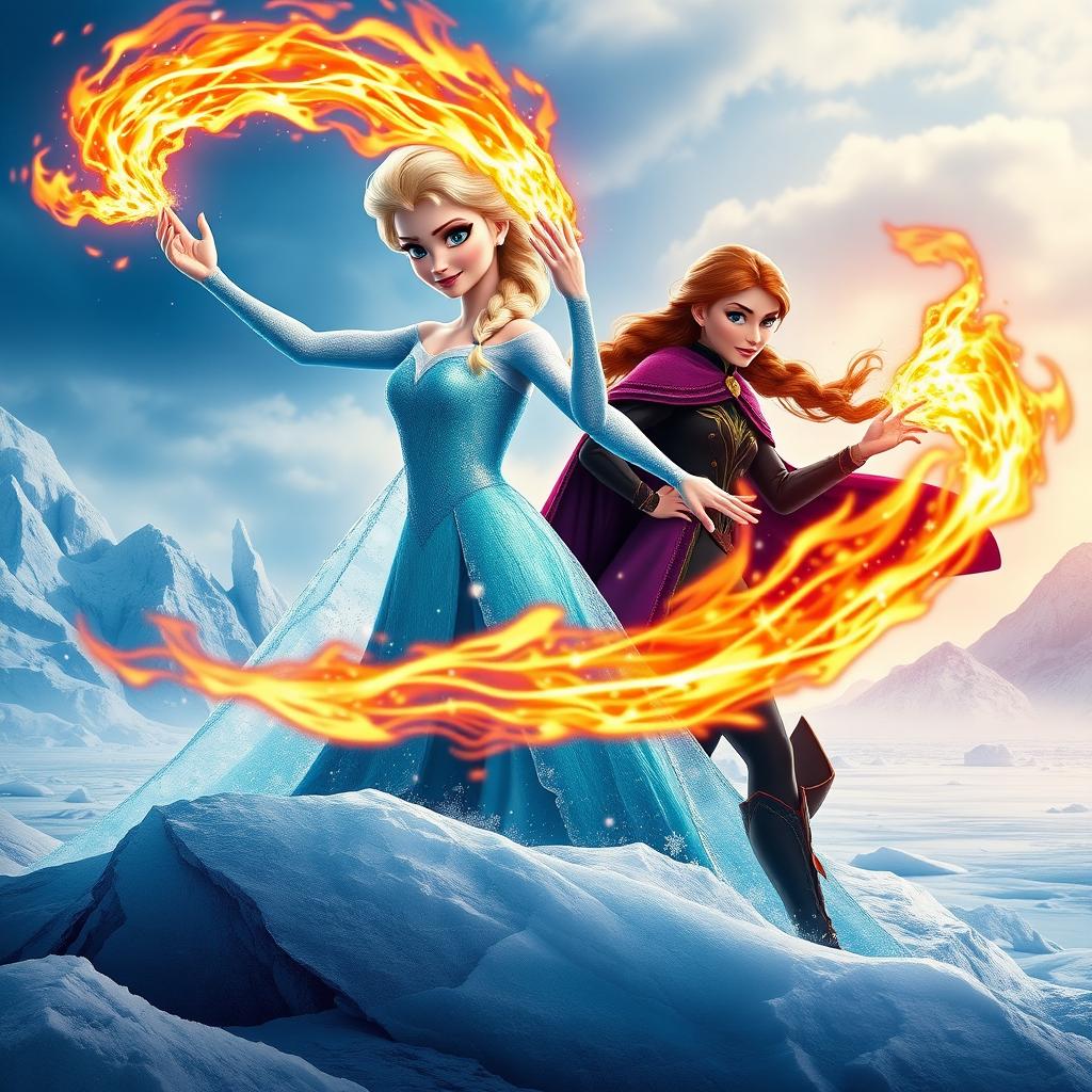 A vibrant movie poster depicting Elsa and Anna in action, with Elsa wielding stunning fire powers, casting bright, fiery spells that illuminate the icy landscape of Arendelle
