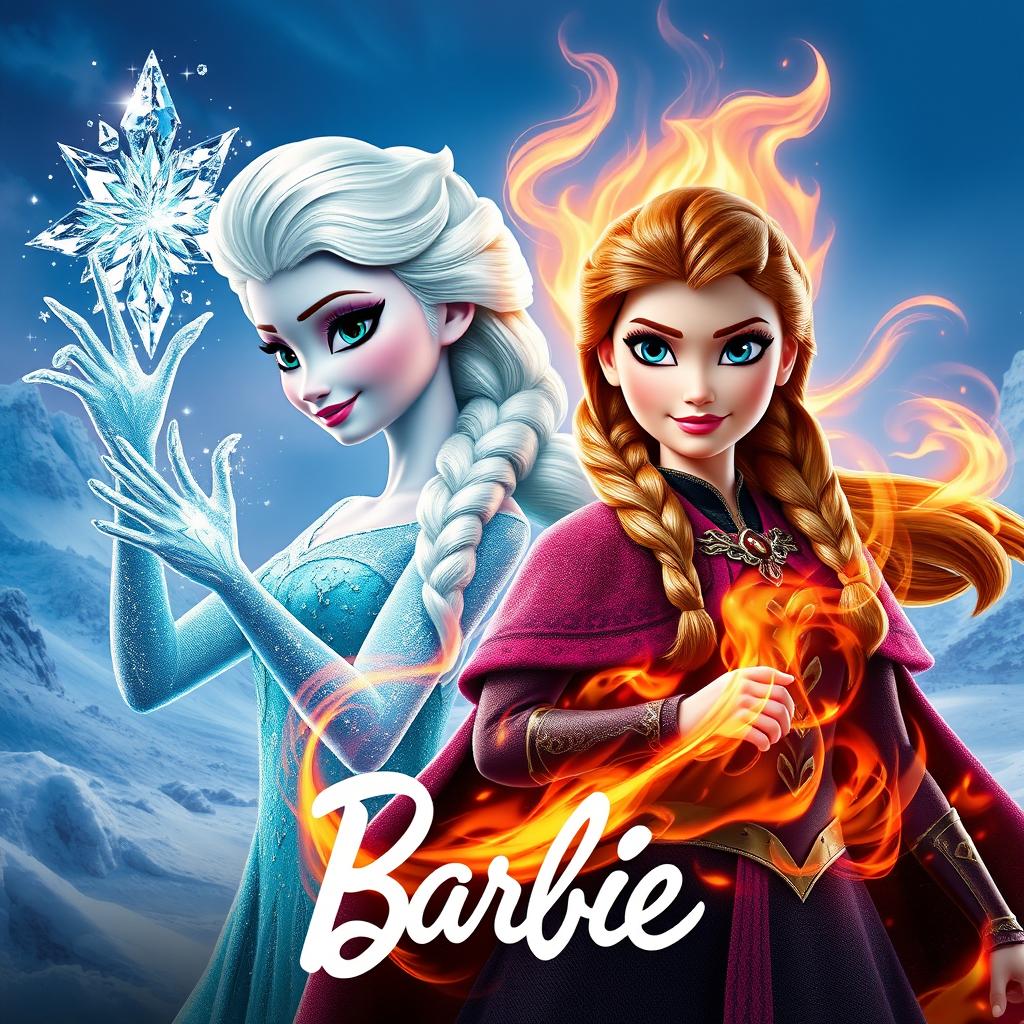 A captivating movie poster featuring Elsa, showcasing her magnificent ice powers as she conjures beautiful, sparkling frost and ice formations