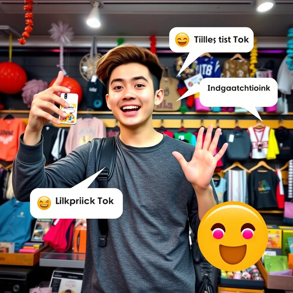 A young man actively engaging with his audience during a live TikTok selling session