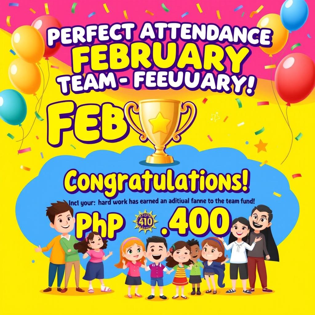 A vibrant and celebratory team poster highlighting the perfect attendance achievement for February