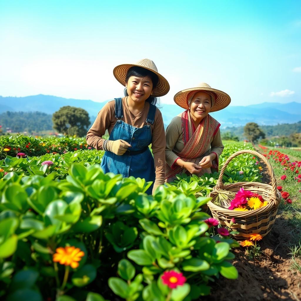 A high school student farming in a lush garden with their grandmother, surrounded by vibrant green plants and colorful flowers