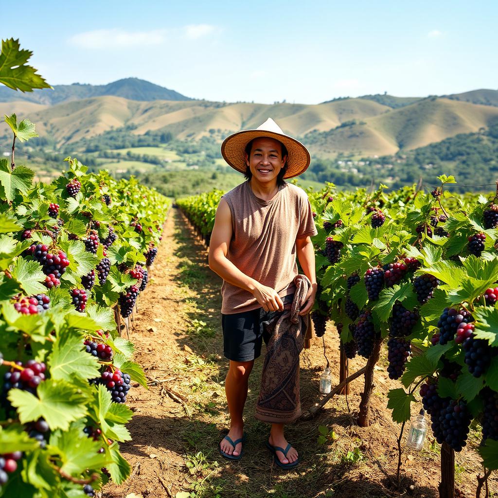 An athletic high school boy farming in a vibrant grape garden alongside his grandmother