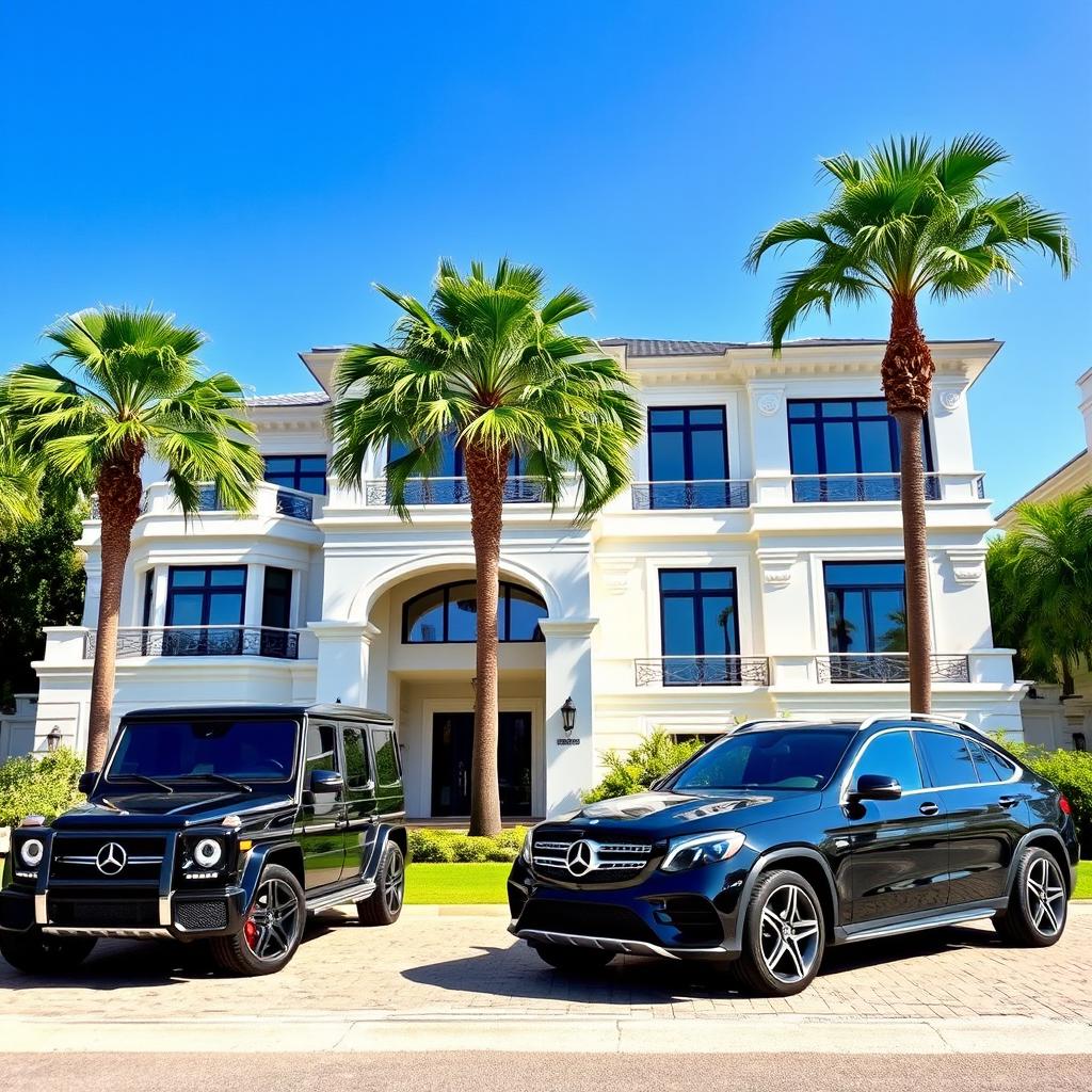 A luxurious two-story house with elegant architecture, featuring a spacious yard adorned with two tall palm trees