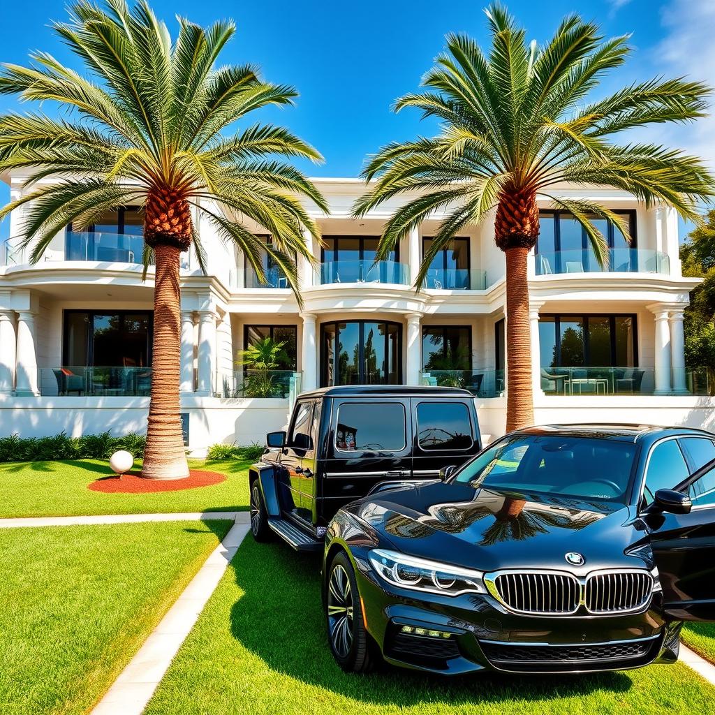 A luxurious two-story villa with modern architectural design, featuring a spacious yard adorned with two beautiful palm trees