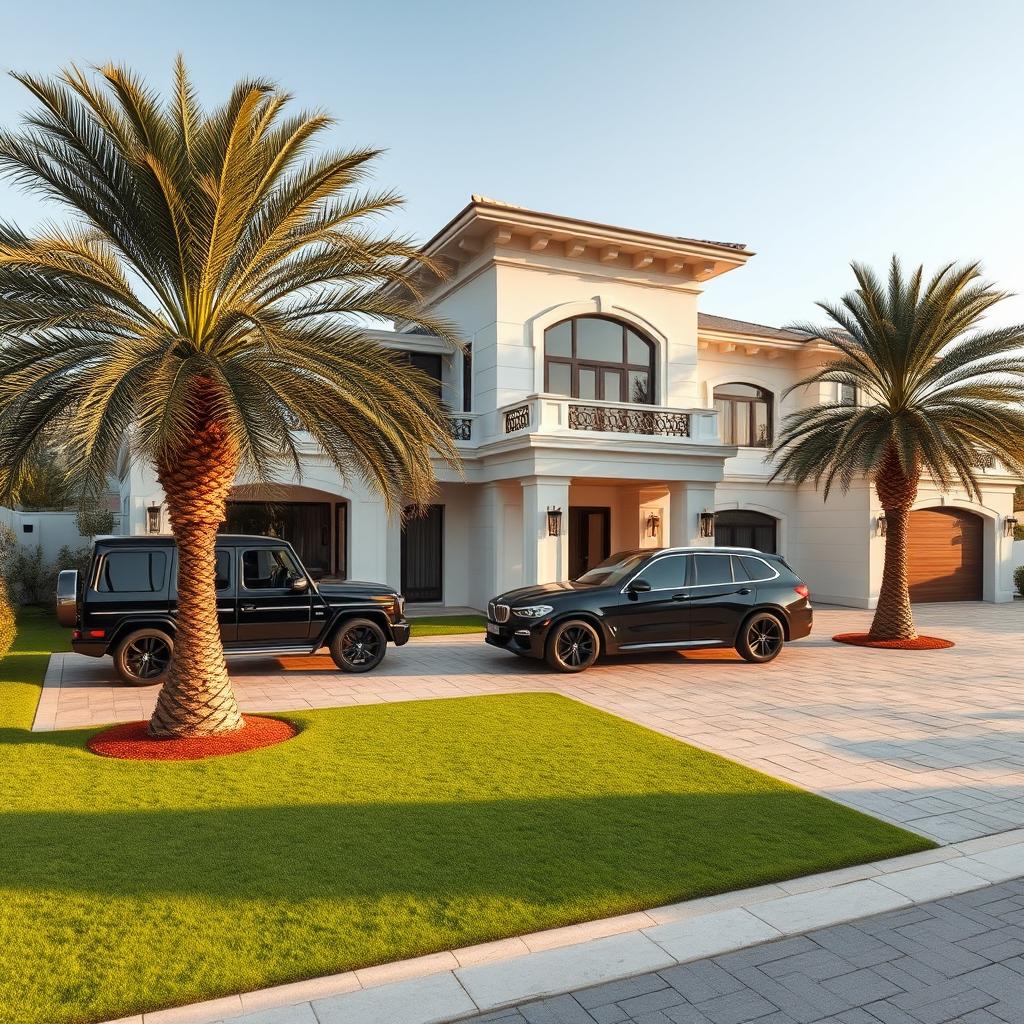A luxurious two-story villa featuring a large yard with a spacious parking area