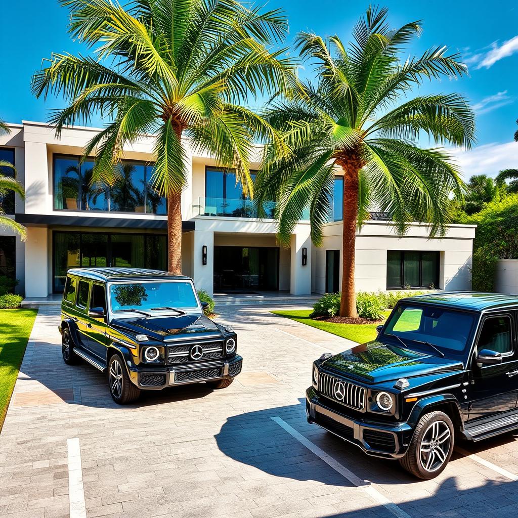 A luxurious two-story villa featuring a modern architectural design, surrounded by a spacious lush yard