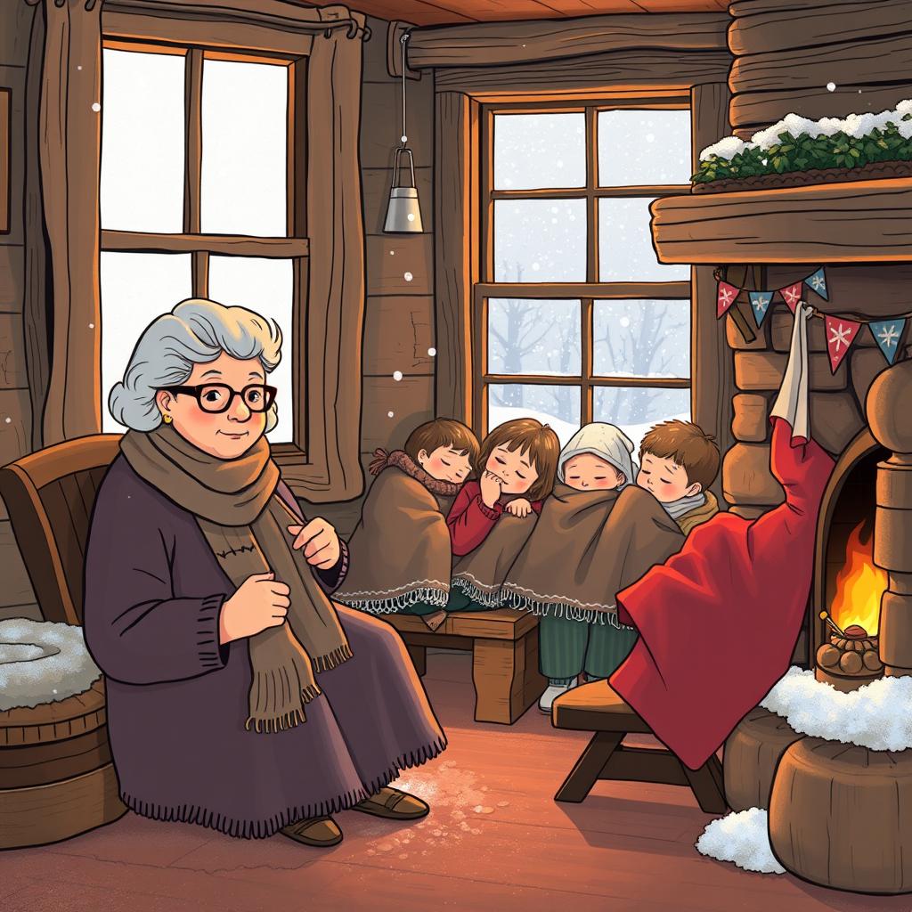 A cozy illustration of a grandmother with glasses sitting and knitting a scarf, while a mother is lighting an old wooden fireplace