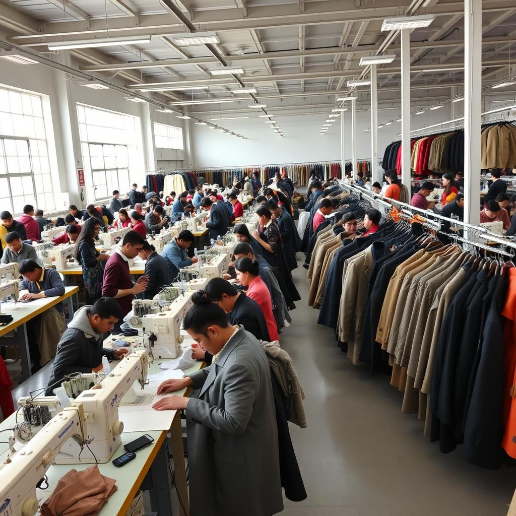 A bustling large coat workshop filled with workers diligently sewing and constructing various coats