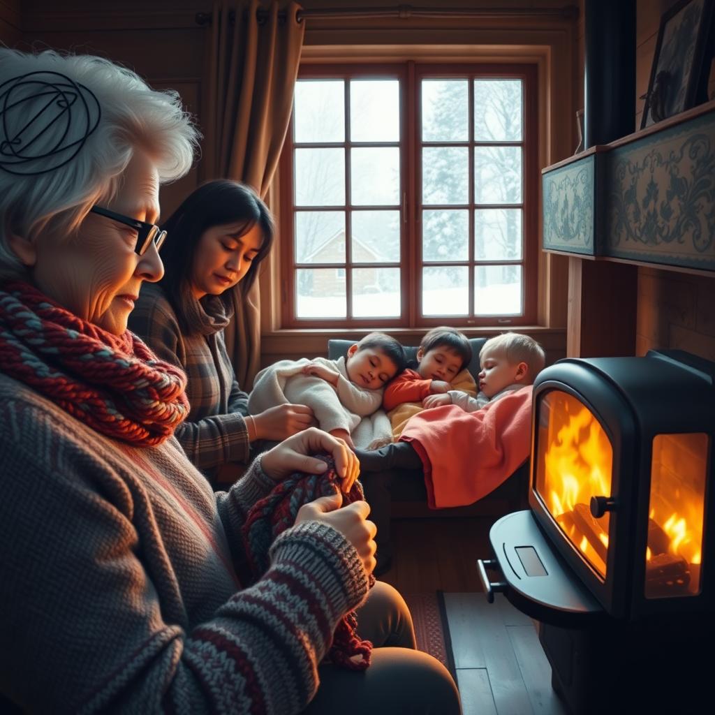 A cozy indoor scene depicting a grandmother wearing glasses, focused on knitting a scarf, showcasing intricate patterns and vibrant yarn colors