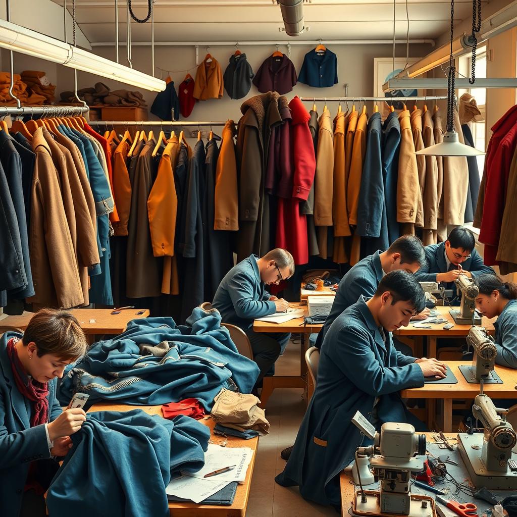 A bustling coat workshop filled with skilled workers engaged in various tasks