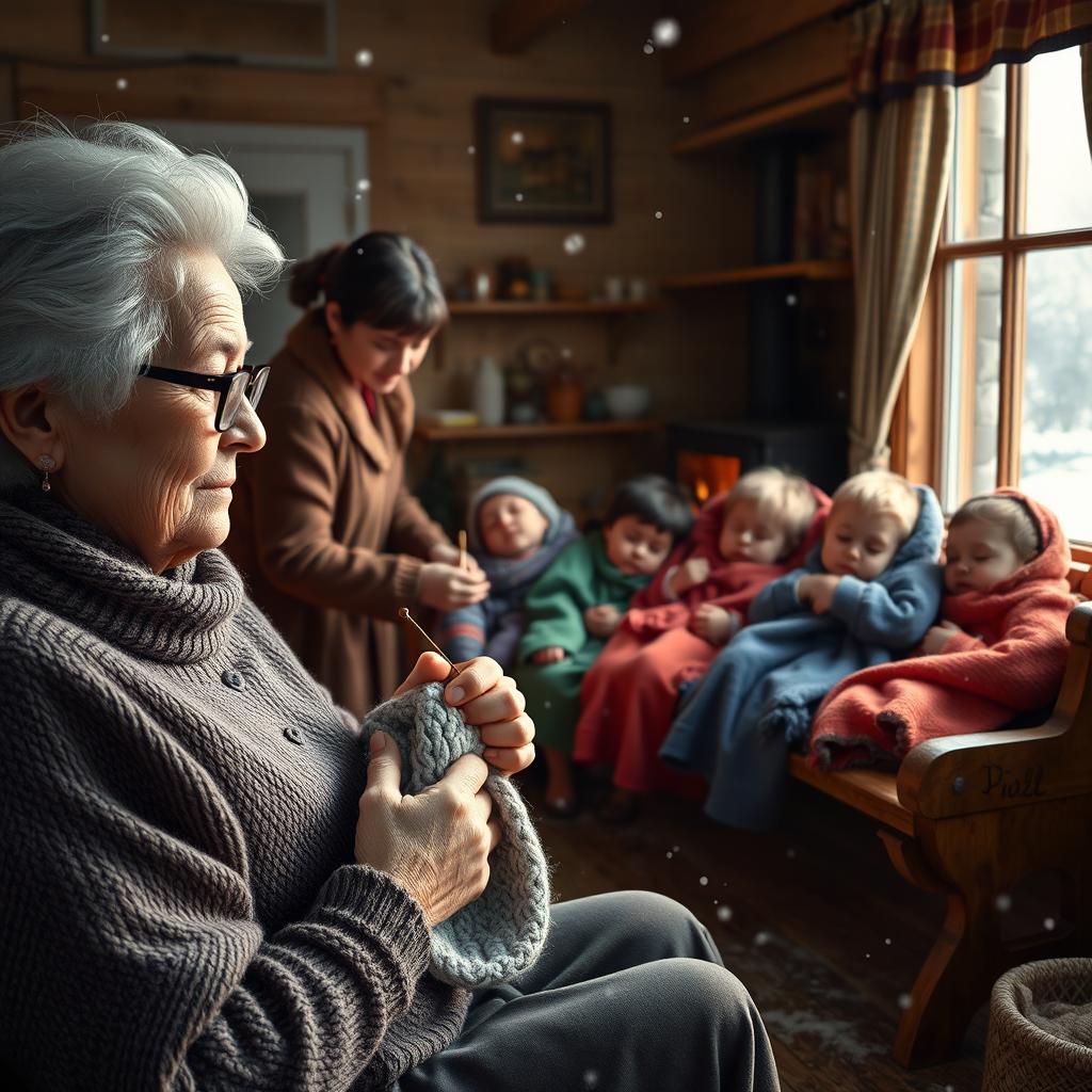 A cozy digital scene of a grandmother wearing glasses, carefully knitting a scarf