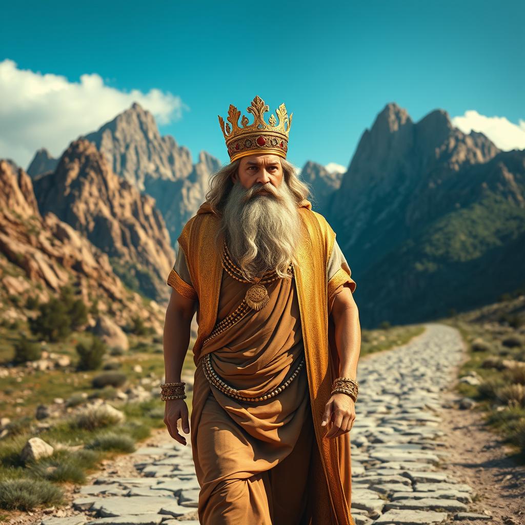 A majestic portrayal of King Cyrus the Great, the Achaemenid ruler, wearing an ornate golden crown and adorned in luxurious ancient garments