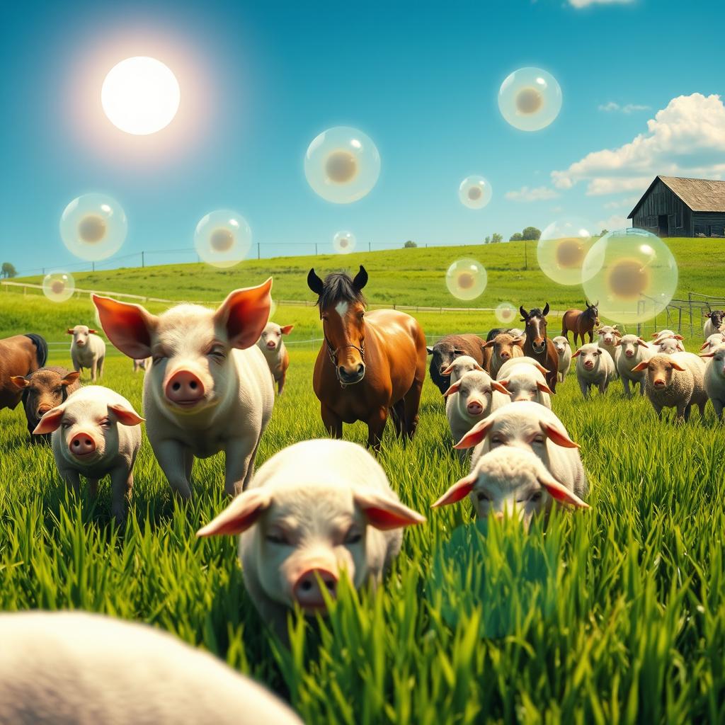 A scene depicting the animals from 'Animal Farm' working hard in a vibrant countryside setting, with a focus on their expressions of determination and exhaustion