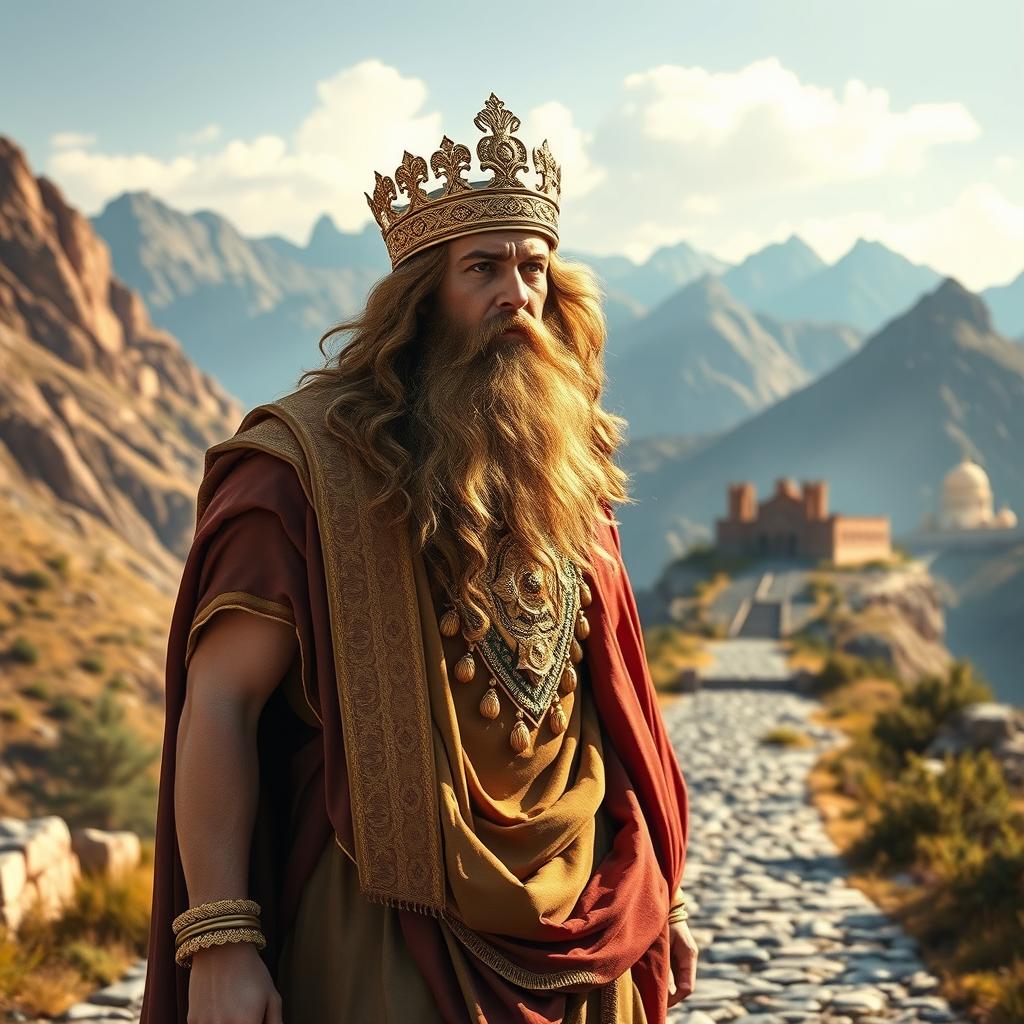 A majestic depiction of Cyrus the Great, the Achaemenid king, wearing a golden crown and adorned in luxurious ancient garments