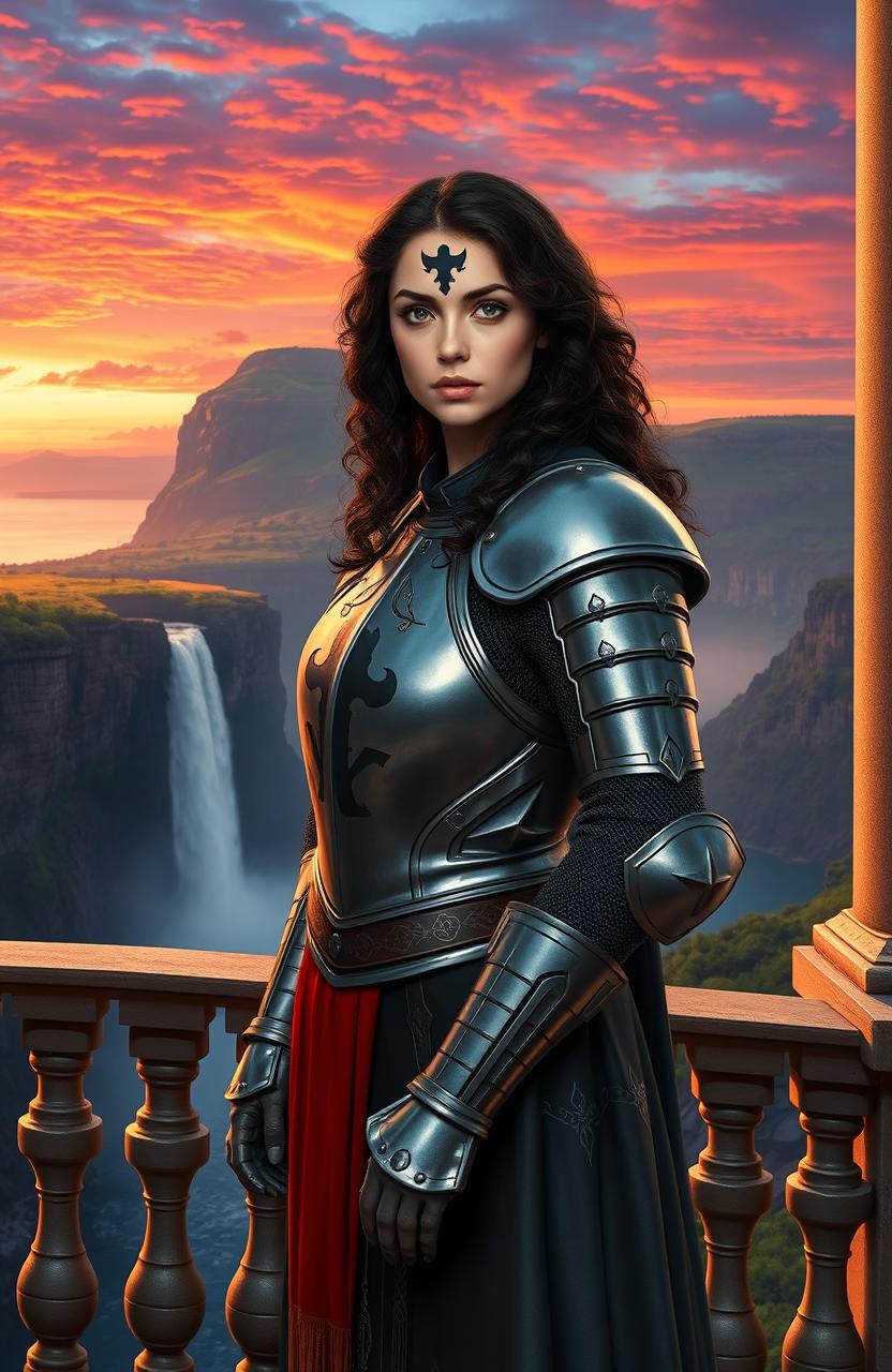 A female knight standing proudly on a palace balcony, wearing a detailed head knight uniform and showcasing a striking black symbol on her forehead