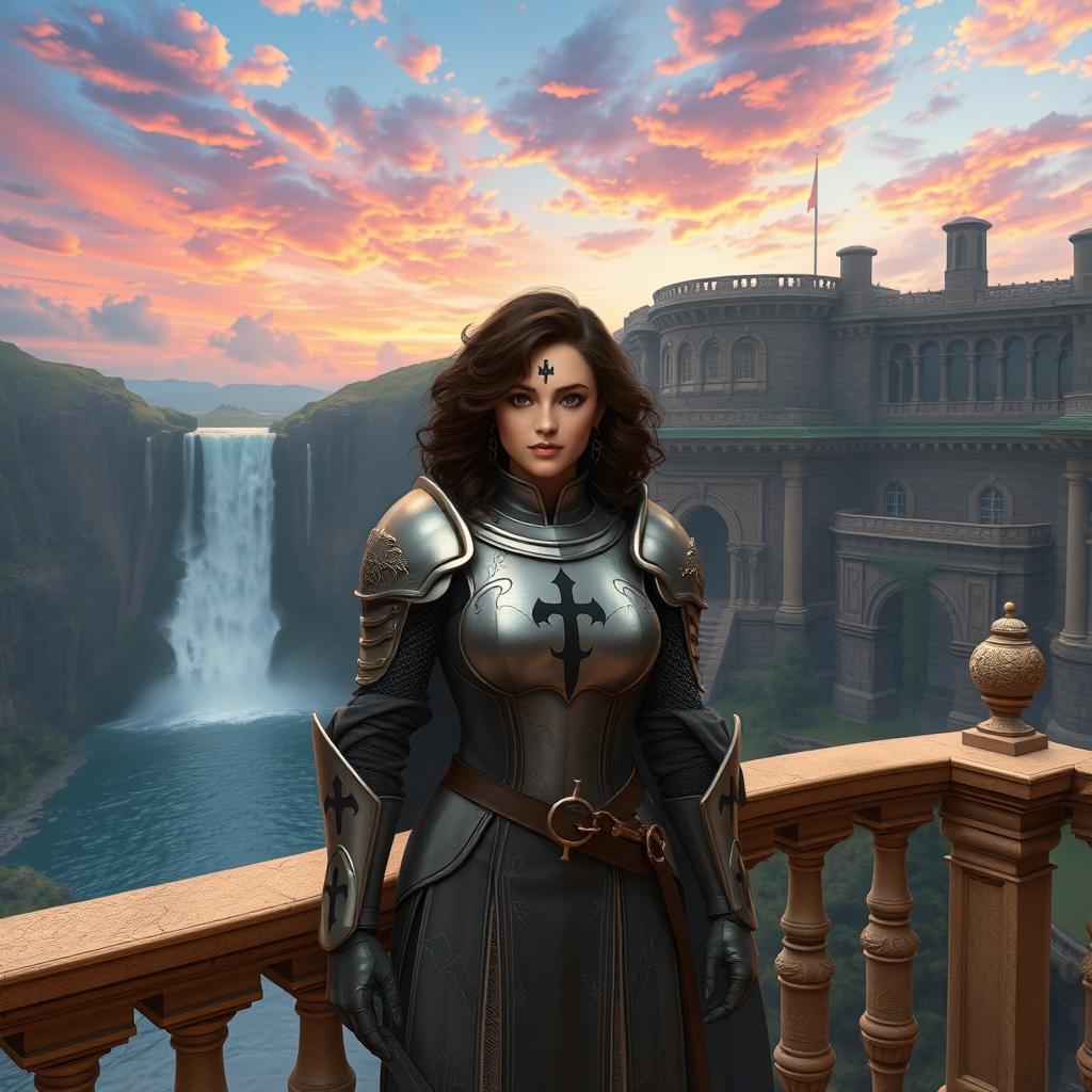 A female knight standing confidently on a grand palace balcony, her figure clad in an ornate head knight uniform