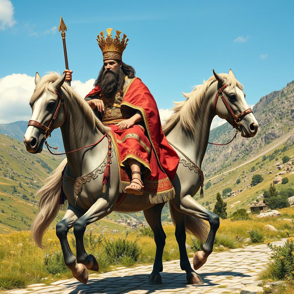 Cyrus the Great, the Achaemenid king, depicted majestically riding a horse adorned with a golden crown and wearing exquisite ancient royal attire