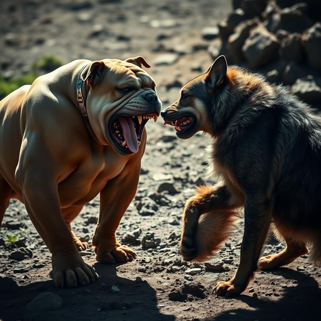 A dynamic scene depicting an angry bulldog triumphing over an angry Askal in a fierce confrontation