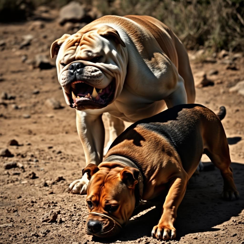 A dramatic scene capturing a fierce showdown between an angry bulldog and an angry Askal