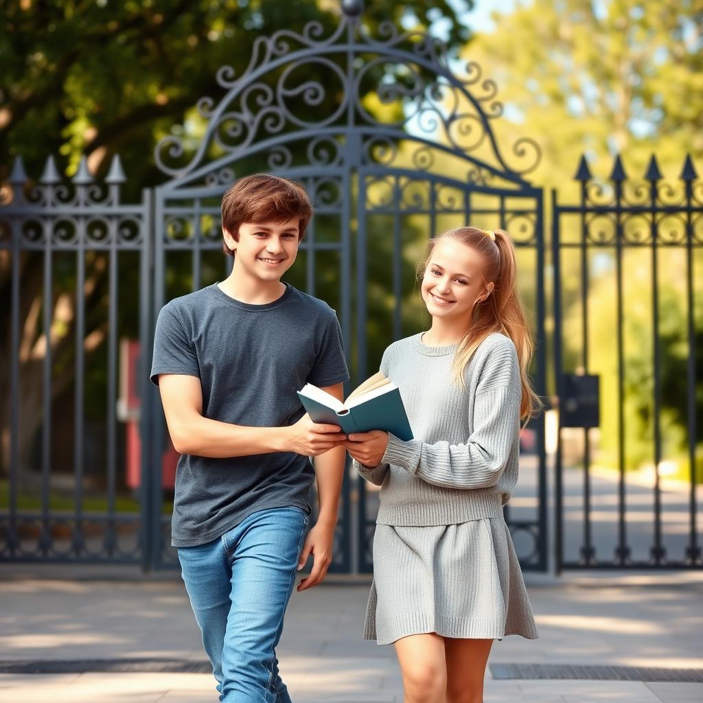 A teenage boy and girl walking together in front of a school gate, both smiling