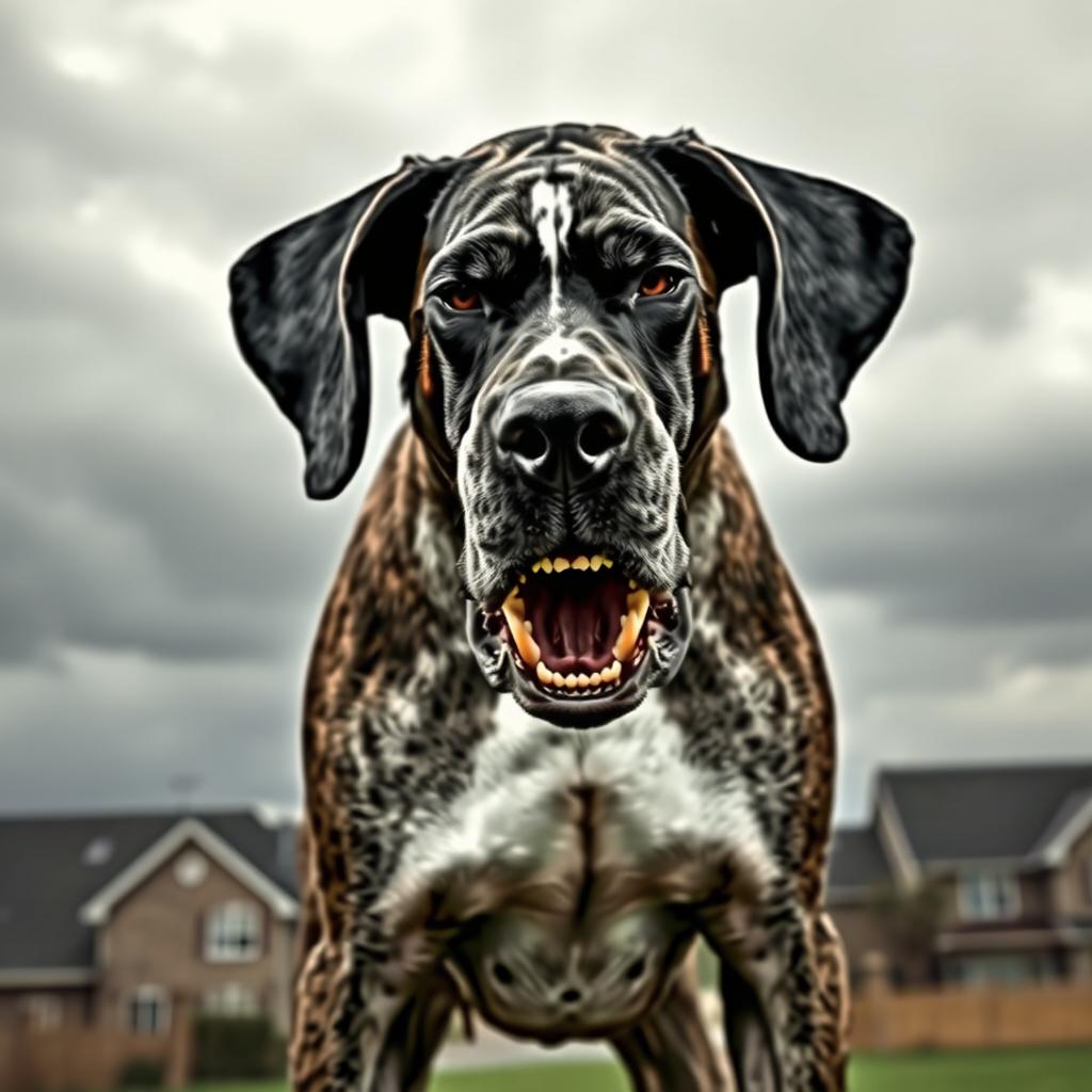 A powerful and imposing Great Dane with a fierce expression, showcasing its muscular build and sharp features