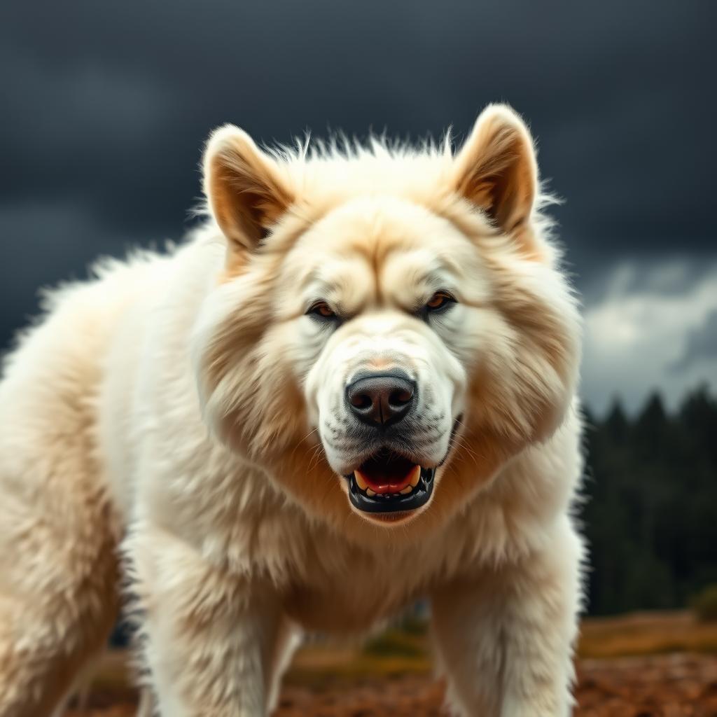 A large, imposing white dog, resembling a Great Pyrenees or similar breed, with a fierce and angry expression
