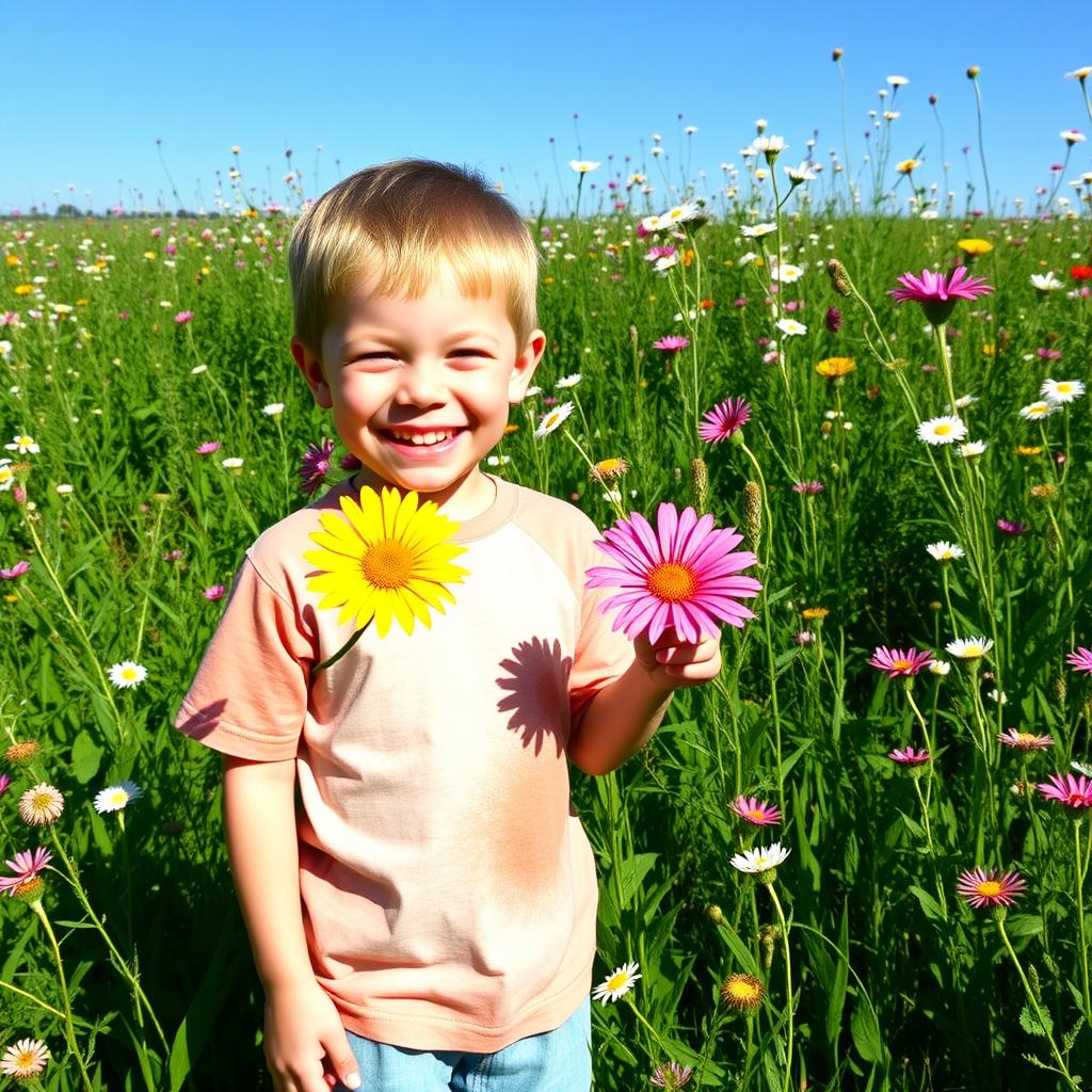 A young boy standing happily in a lush green field, holding a vibrant flower in his hand
