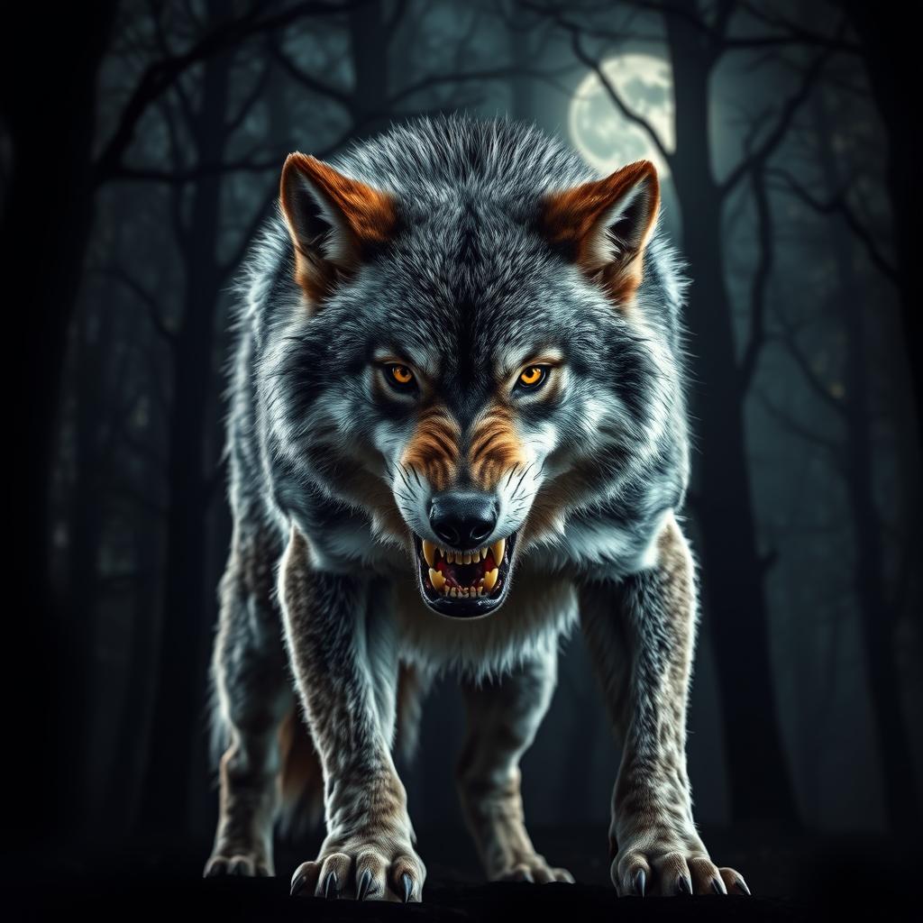 A fierce and aggressive wolf, showcasing its sharp teeth and intense gaze