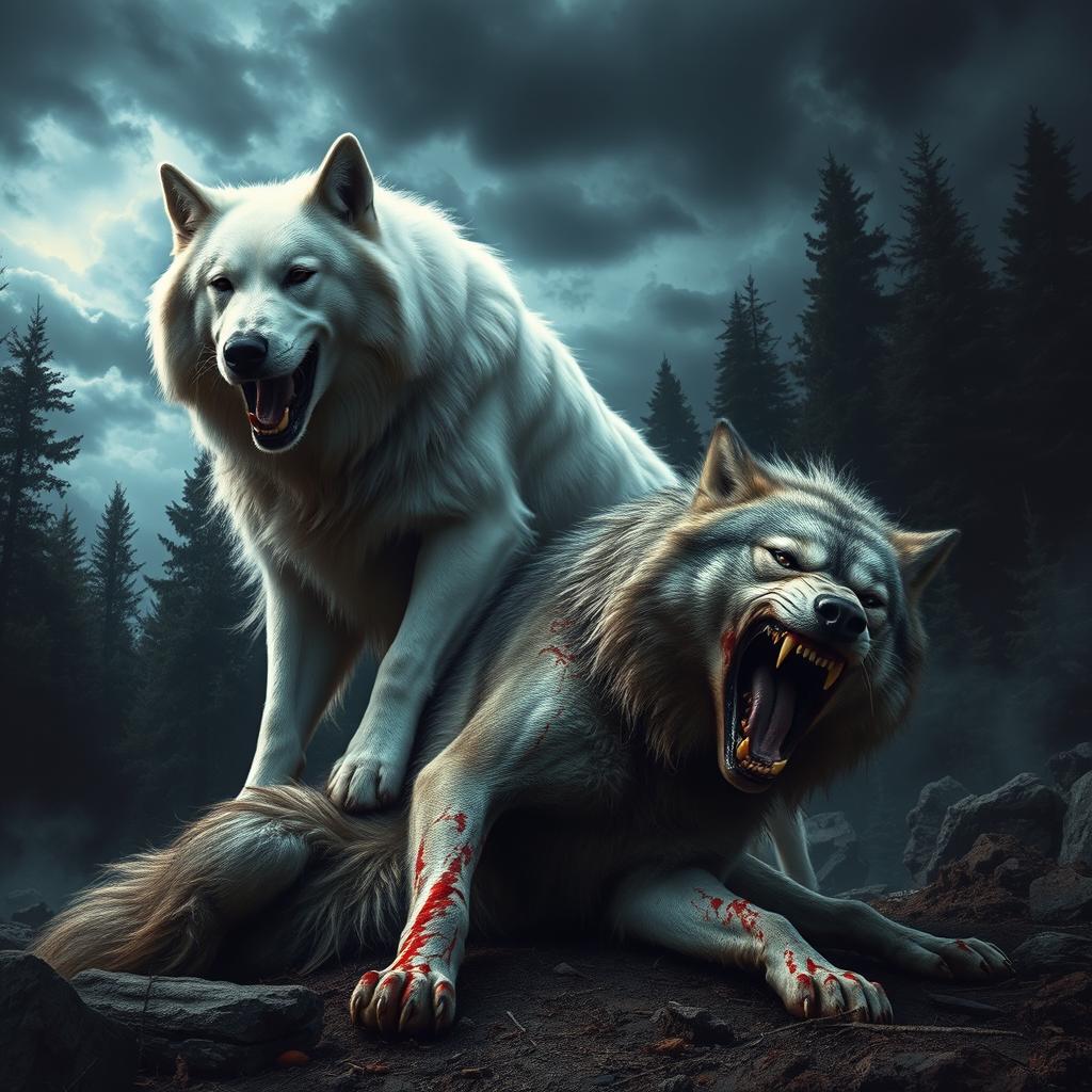 An intense scene depicting a large, white dog, resembling a Great Pyrenees, that stands triumphantly over an angry wolf