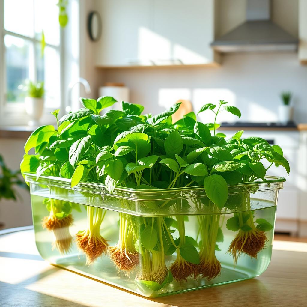 A vibrant hydroponic garden using the Kratky method, showcasing lush green plants thriving in a nutrient-rich water system