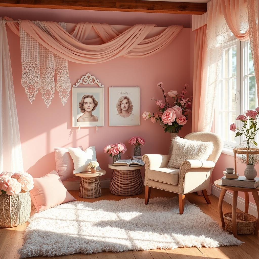A beautifully styled scene featuring a pastel pink and old rose color scheme, incorporating soft, delicate textures and elegant elements