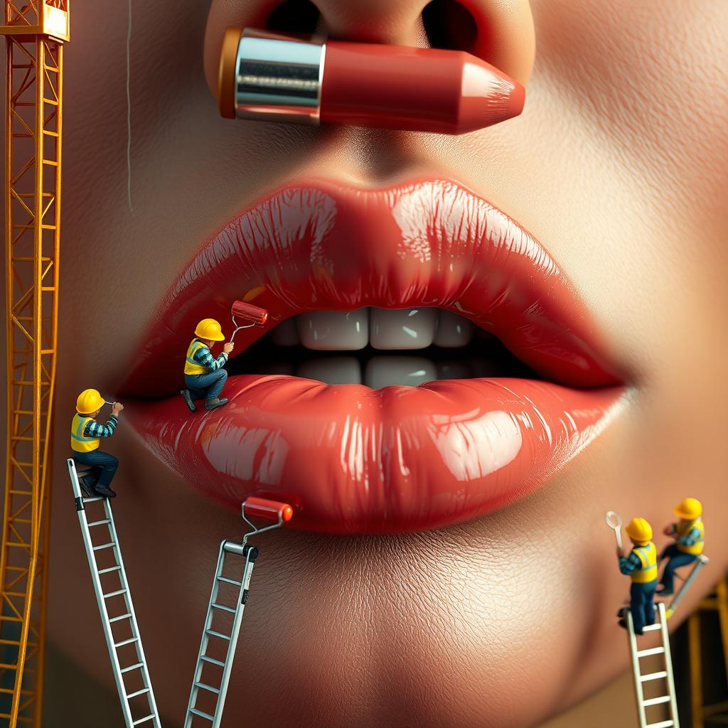 A hyper-realistic close-up of a giant woman's lips applying glossy lip plumper, resembling a beauty construction site