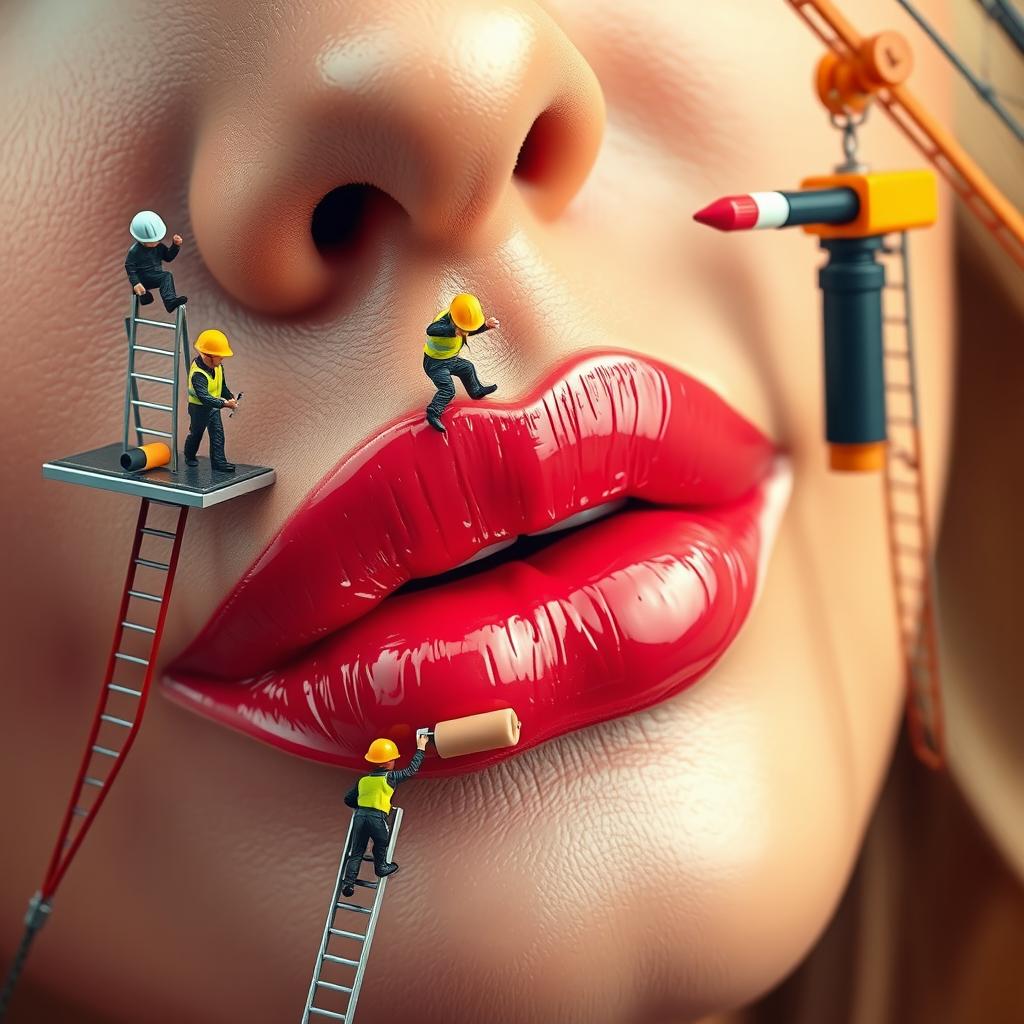 A hyper-realistic close-up of a giant woman's lips applying glossy lip plumper, depicted as a vibrant beauty construction site