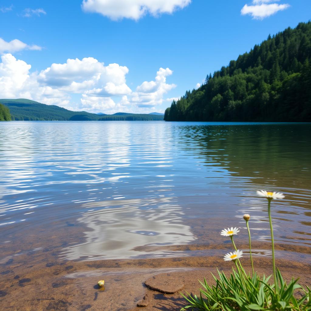 A close-up photo of a serene and enchanting landscape featuring a tranquil lake surrounded by lush green forests