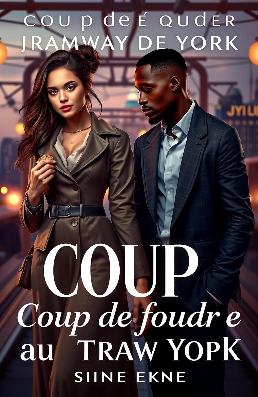 An enchanting cover for a fantasy romance titled 'Coup de foudre au Tramway de New York'