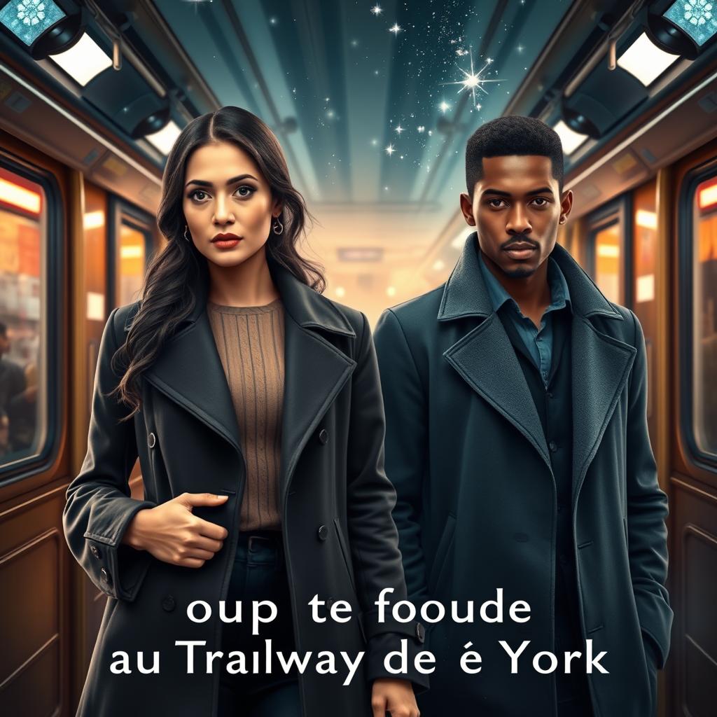 A captivating fantasy romance book cover for 'Coup de foudre au Tramway de New York'