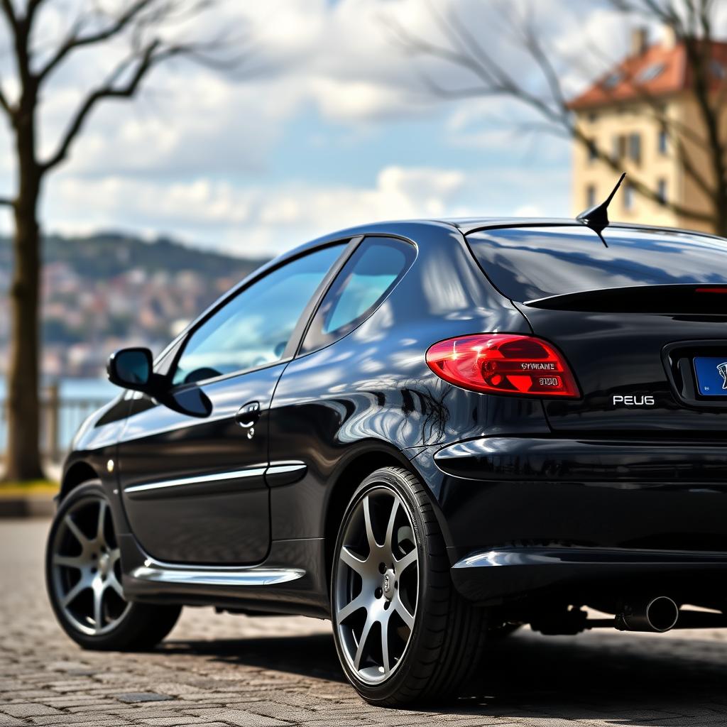 An eye-catching image of a black Peugeot 206 model from the year 2000, featuring stylish Syraque wheels