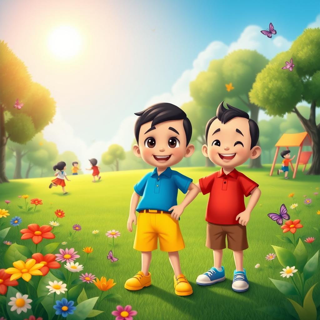 A colorful and vibrant scene featuring two cartoon characters, Upin and Ipin, who are cheerful and playful young boys
