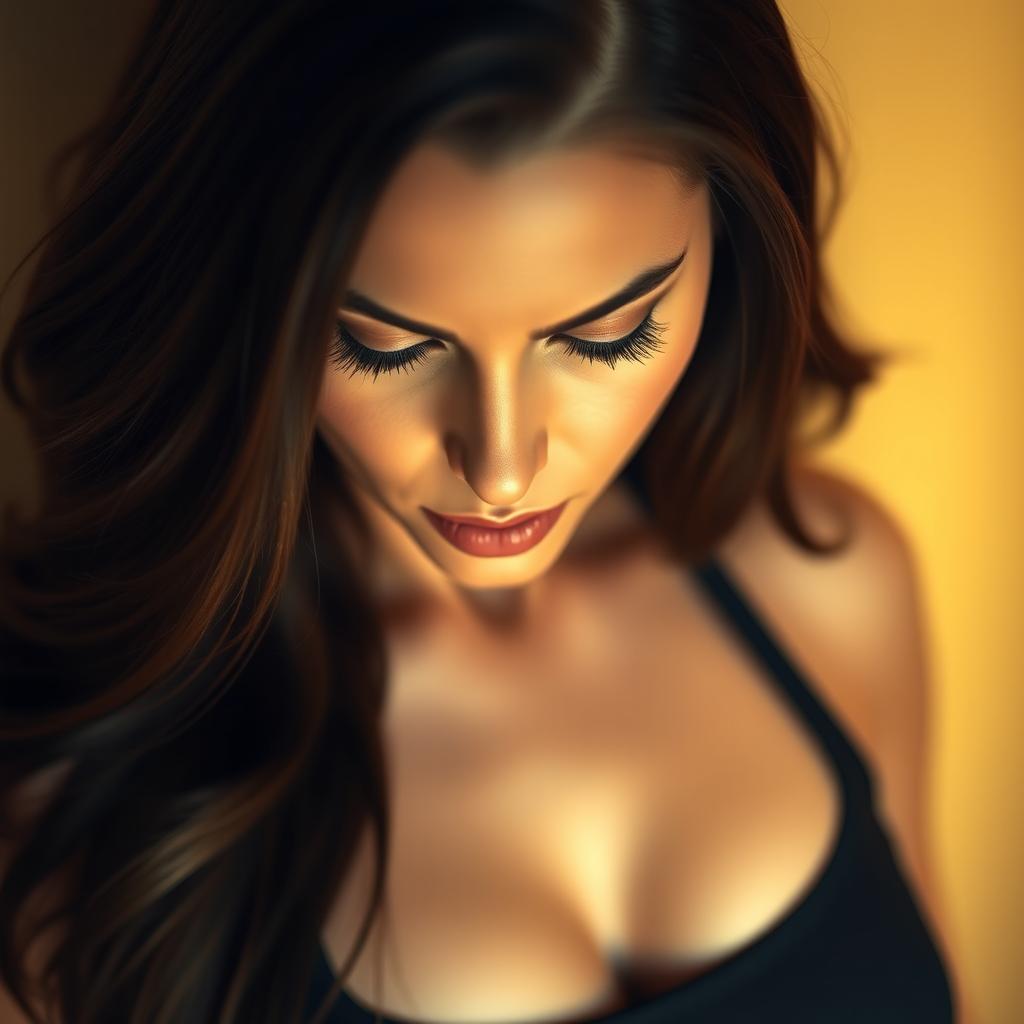 A captivating portrait of a confident woman gazing down at her chest, with an intriguing expression on her face