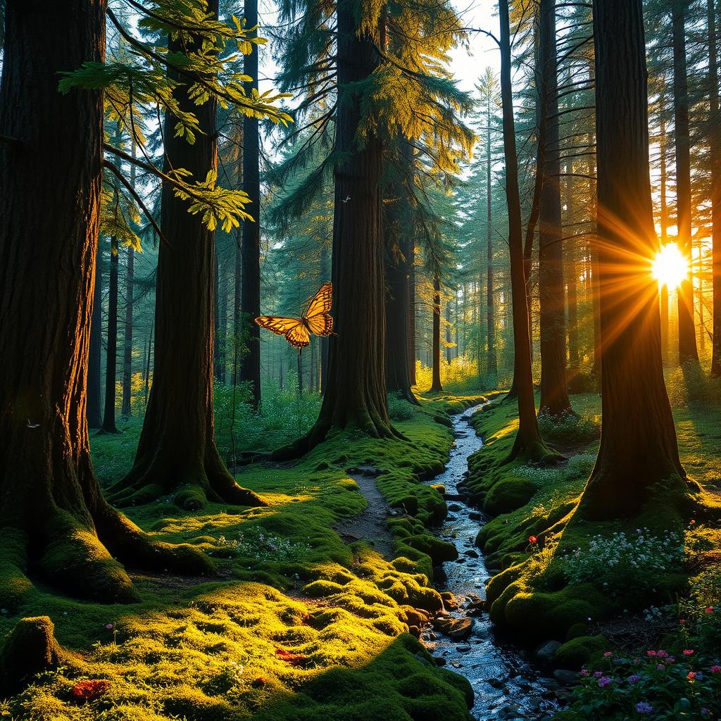 An enchanting forest glade during golden hour, where soft sunlight filters through tall, majestic trees, casting dappled shadows on a lush carpet of moss and wildflowers