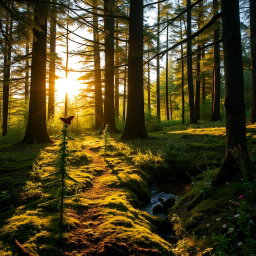 An enchanting forest glade during golden hour, where soft sunlight filters through tall, majestic trees, casting dappled shadows on a lush carpet of moss and wildflowers