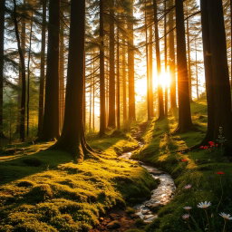 An enchanting forest glade during golden hour, where soft sunlight filters through tall, majestic trees, casting dappled shadows on a lush carpet of moss and wildflowers