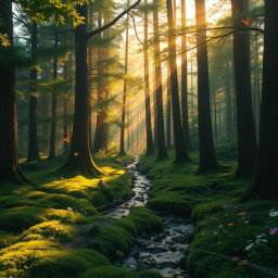 An enchanting forest glade during golden hour, where soft sunlight filters through tall, majestic trees, casting dappled shadows on a lush carpet of moss and wildflowers