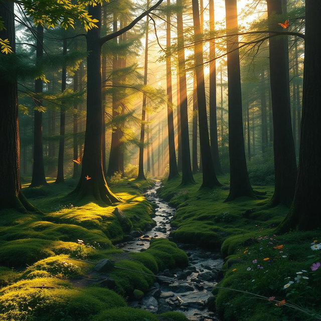 An enchanting forest glade during golden hour, where soft sunlight filters through tall, majestic trees, casting dappled shadows on a lush carpet of moss and wildflowers