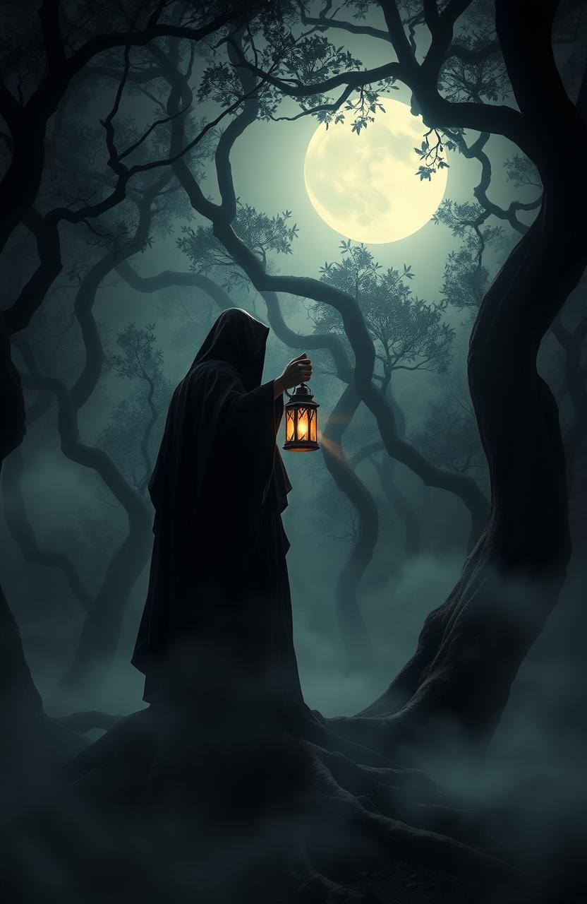 In a dimly lit forest, a solitary dark figure stands amidst the swirling mist