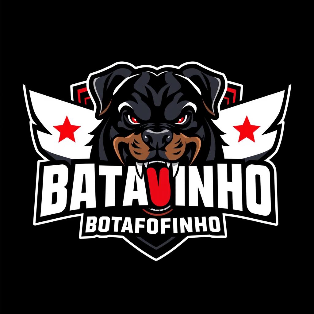 An striking e-sports football team logo for BOTAFOFINHO, featuring a fierce and aggressive Rottweiler as the central element