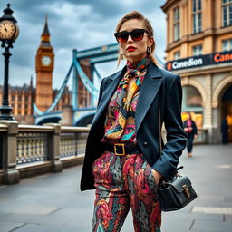 A stylish and elegant scene set in London, featuring a fashionable person wearing beautiful, high-end clothing