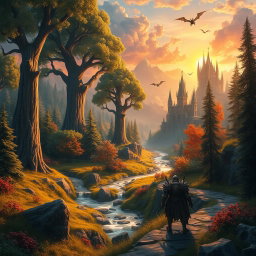 A beautifully detailed fantasy landscape set in a vibrant gaming world, featuring a lush forest with towering ancient trees, fantastical creatures like dragons soaring in the sky, and a mystical castle in the background