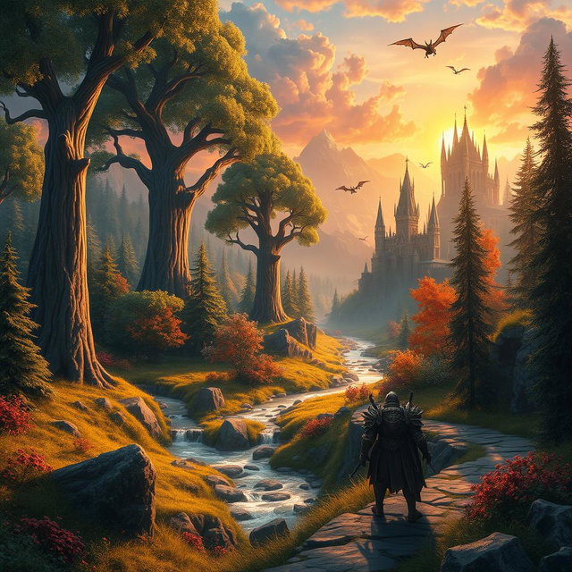 A beautifully detailed fantasy landscape set in a vibrant gaming world, featuring a lush forest with towering ancient trees, fantastical creatures like dragons soaring in the sky, and a mystical castle in the background